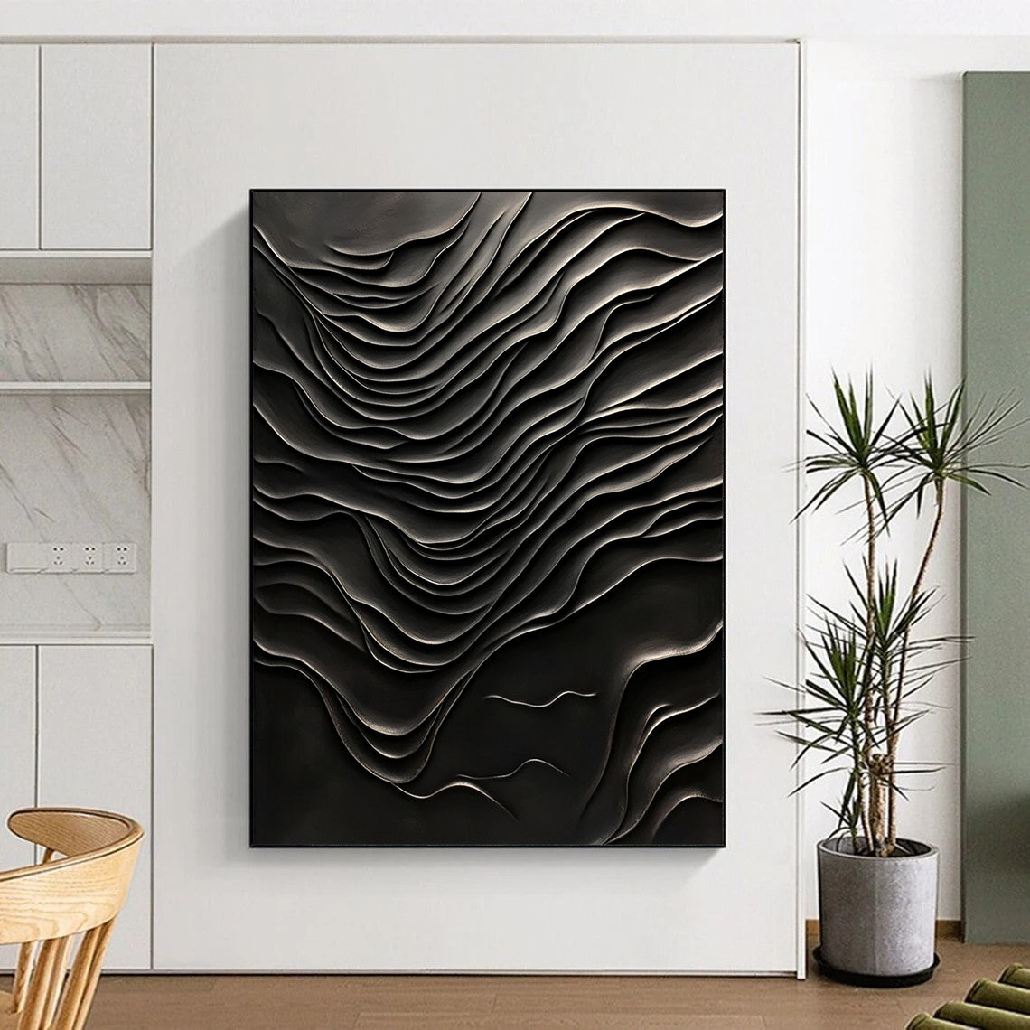 Contemporary hand-painted abstract artwork featuring a dark textured wall with wave-like patterns, evoking deep emotions and hidden depths. DLZ1240