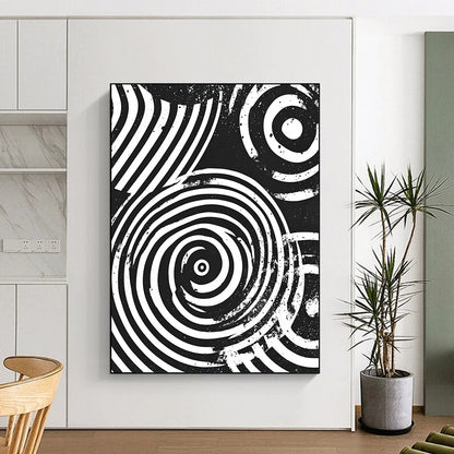 Black and White Concentric Circles "Perceptual Spin" Painting On Canvas HB284