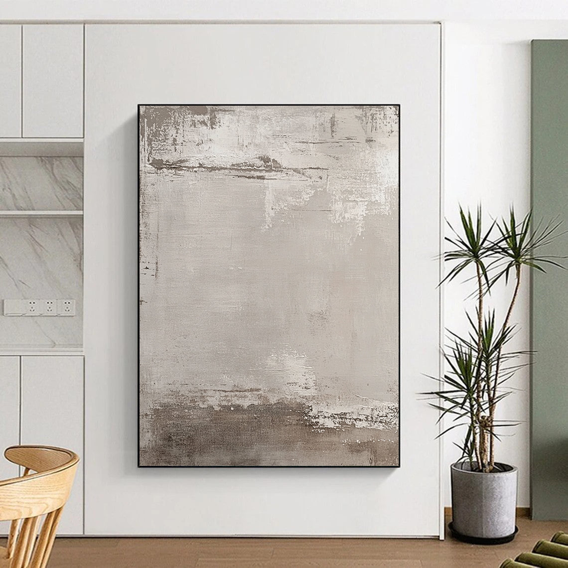 Large contemporary hand-painted abstract artwork featuring muted beige and gray tones with an industrial urban feel and textured brushstroke background. DLZ1173