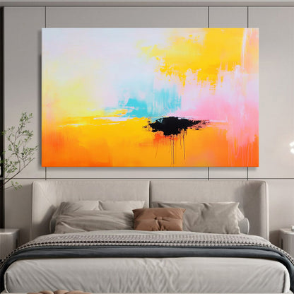 “Bright Abstract with Black Accent” - Yellow, pink, blue, black; Bright abstract with a bold black shape; Acrylic Painting On Canvas HB1277