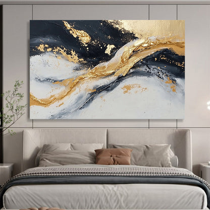“Textured Gold - Black Wave Motion” - Gold, Black, Gray, Textured Waves Painting On Canvas HB0809