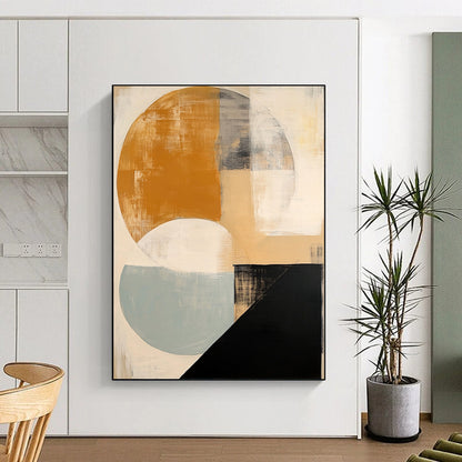 Contemporary hand-painted abstract artwork featuring soft beige black and white shapes a vibrant orange circle and subtle blue and grey accents. DLZ1038