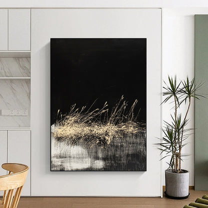 Black, Gold, White, Grass - like Swirls "Midnight Meadow" Abstract Modernist Painting On Canvas HB084