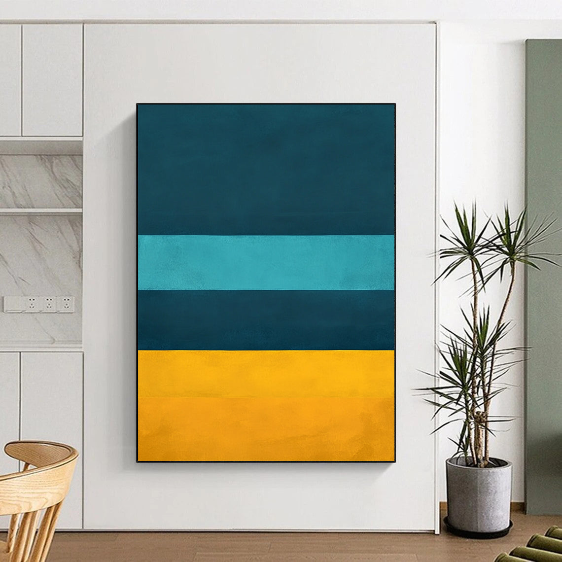 Contemporary hand-painted abstract artwork featuring deep blue teal and yellow horizontal stripes inspired by Rothko's color fields. DLZ0684