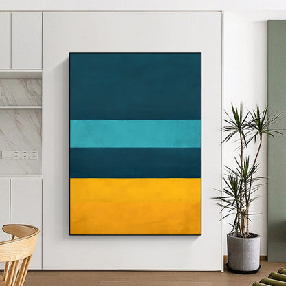 Contemporary hand-painted abstract artwork featuring deep blue teal and yellow horizontal stripes inspired by Rothko's color fields. DLZ0684
