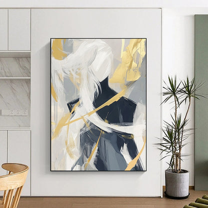 Contemporary hand-painted abstract artwork featuring bold black lines and dynamic brush strokes in white, gray, and gold tones for a striking visual impact. DLZ0830