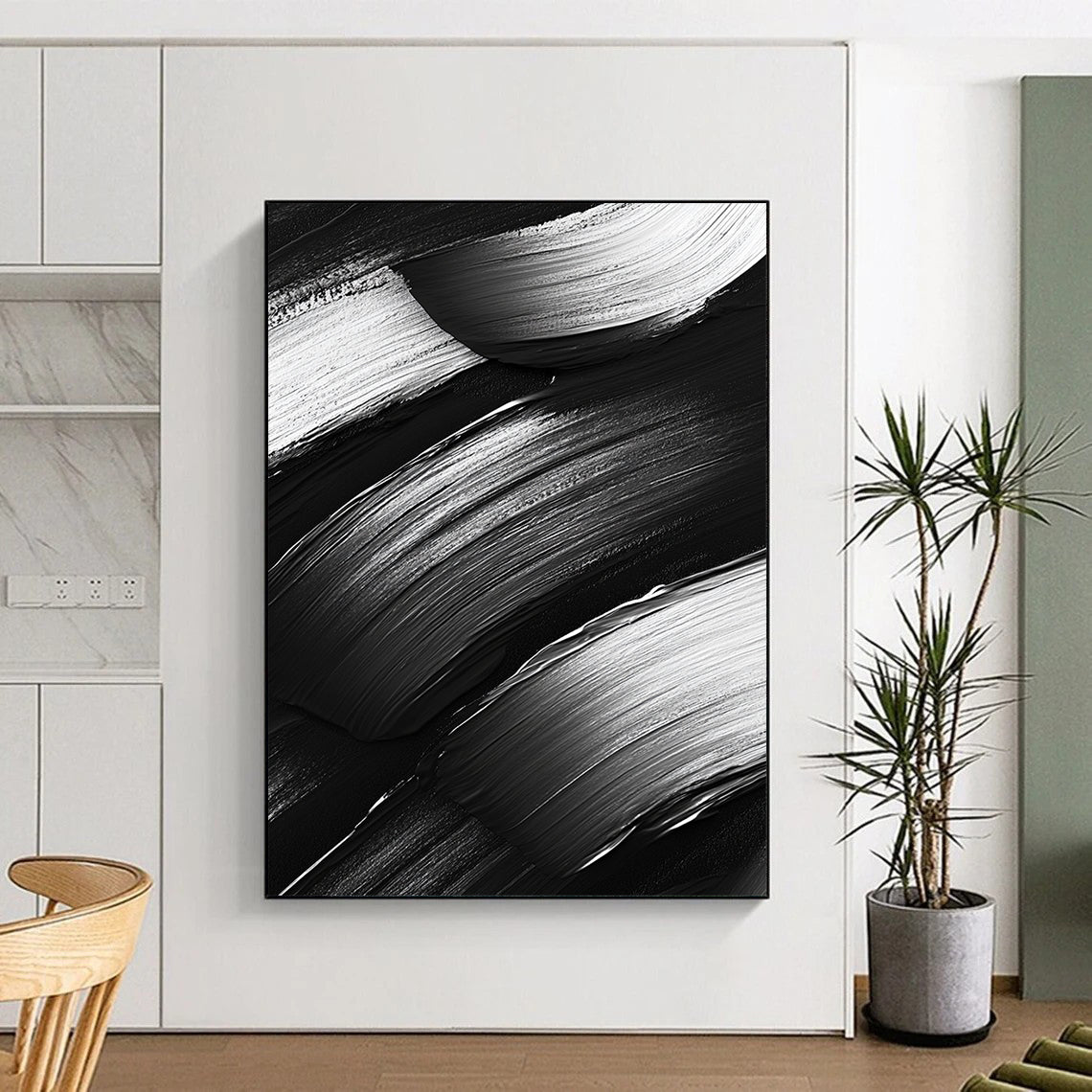 Black and White Textured Brushstrokes "Monochrome Rhythm" Painting On Canvas HB311