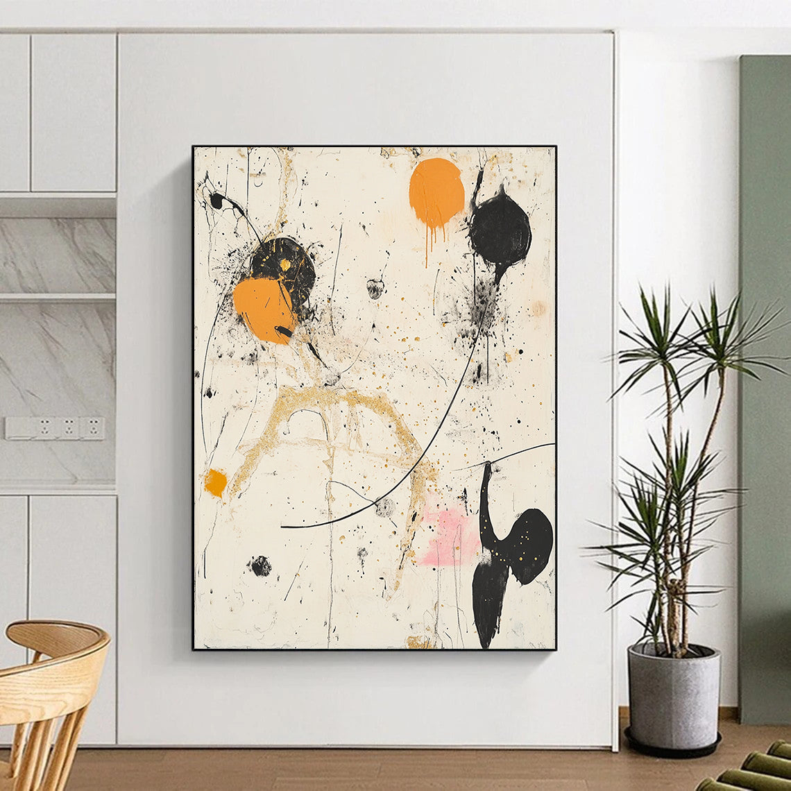 Black, White, Orange, Gold, Splattered Shapes "Chaotic Cosmos" Abstract Expressionist Painting On Canvas HB101