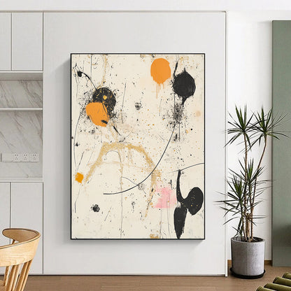 Black, White, Orange, Gold, Splattered Shapes "Chaotic Cosmos" Abstract Expressionist Painting On Canvas HB101