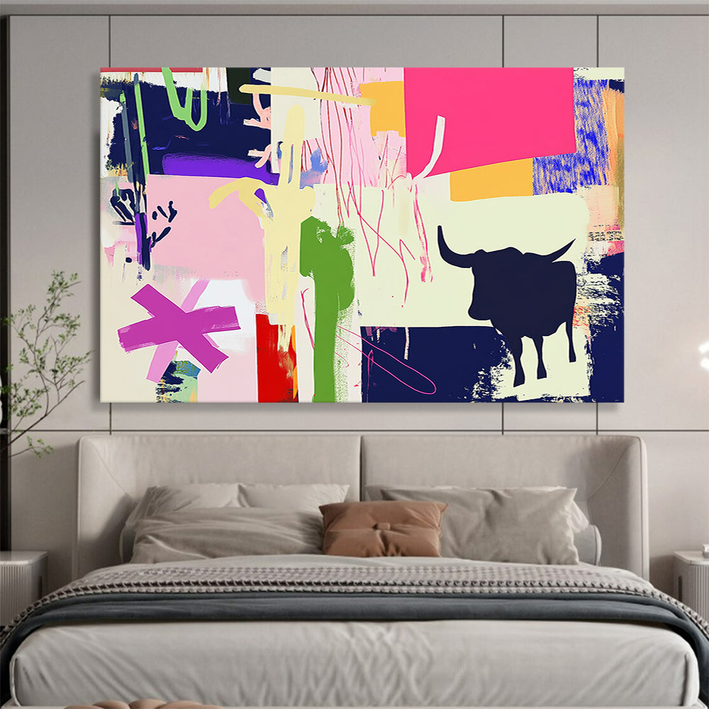 “Colorful Collage with Bull Silhouette” - Colorful Palette, Collage with Bull Shape Painting On Canvas HB0862