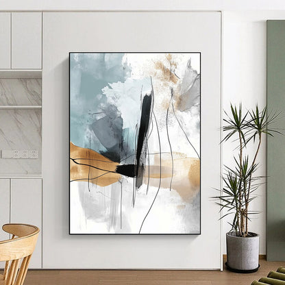Large contemporary abstract painting featuring soft lines and shapes with a light gray-blue background and flowing watercolor effects in a warm beige palette. DLZ0769