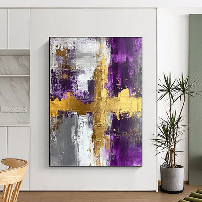 Contemporary painted abstract art features acrylic on textured canvas with gold foil accents in purple and grey, highlighted by a central cross shape. DLZ0276
