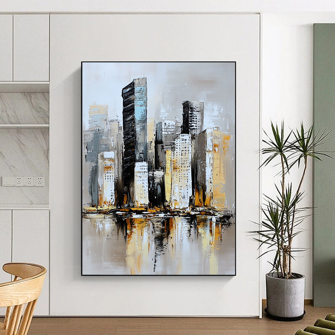 Contemporary abstract painting featuring a textured neutral-toned skyline with soft brushstrokes and serene reflections on water in a muted atmosphere. DLZ0852