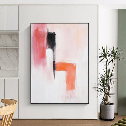 Contemporary abstract painting in soft pink orange and white with a serene figure black shoes and textured elements creating a minimalistic calm composition. DLZ0918