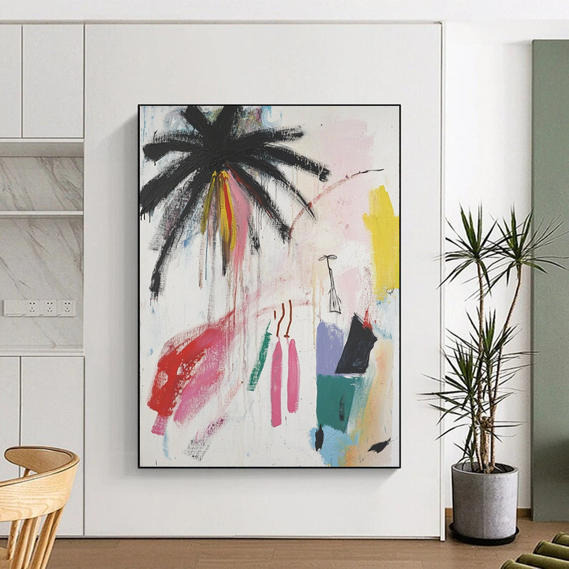 Contemporary hand-painted abstract art featuring palm trees and vibrant colors with a unique figure, blending raw strokes and minimalistic elements. DLZ0633
