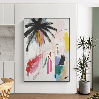 Contemporary hand-painted abstract art featuring palm trees and vibrant colors with a unique figure, blending raw strokes and minimalistic elements. DLZ0633