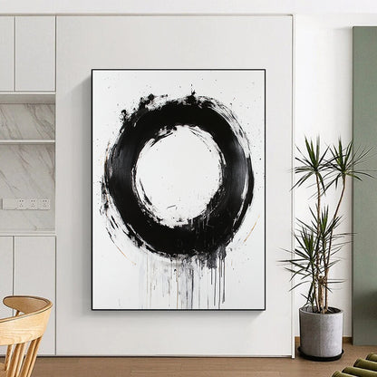 White, Black and Gold Abstract Circle "Refined Enso" Painting On Canvas HB367