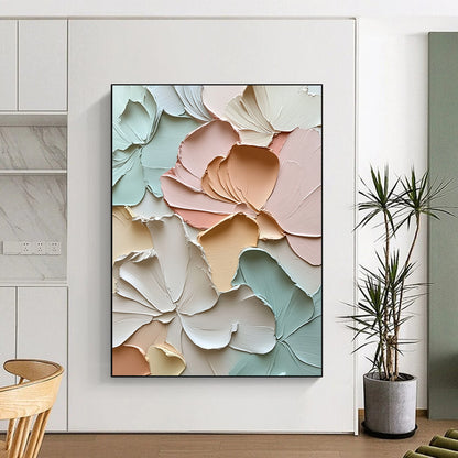 Large contemporary abstract floral artwork featuring textured petals and leaves in soft pastels exuding tranquility and depth through impasto strokes. DLZ1184