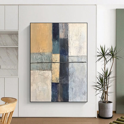 Contemporary abstract artwork featuring an ancient cross textured canvas with hand stitching in grey blue and beige tones minimalistic design. DLZ0945