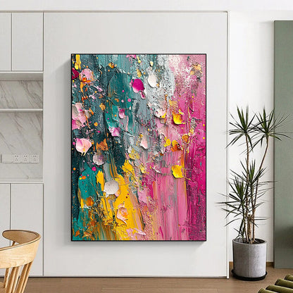 Contemporary hand-painted abstract artwork featuring vibrant colors and textured layers inspired by nature evoking the essence of springtime. DLZ1190