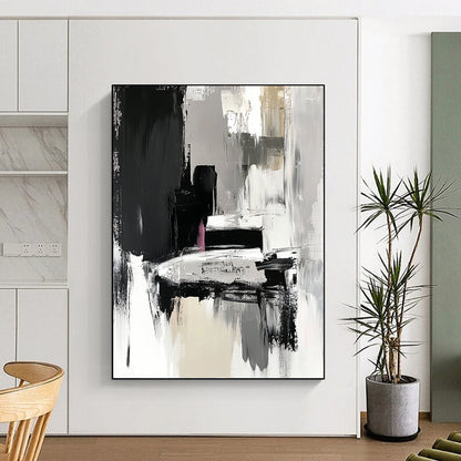 Contemporary hand-painted abstract artwork in black and grey features expressive brushstrokes with fluid shapes and textured surfaces depicting a car in an art gallery. DLZ0924