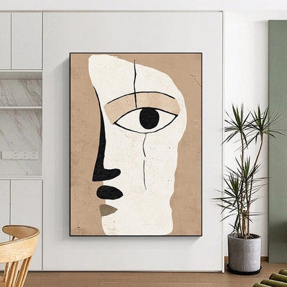 Contemporary abstract artwork featuring a minimalistic face design with an eye in warm beige and white tones, inspired by Henri Matisse. DLZ1311