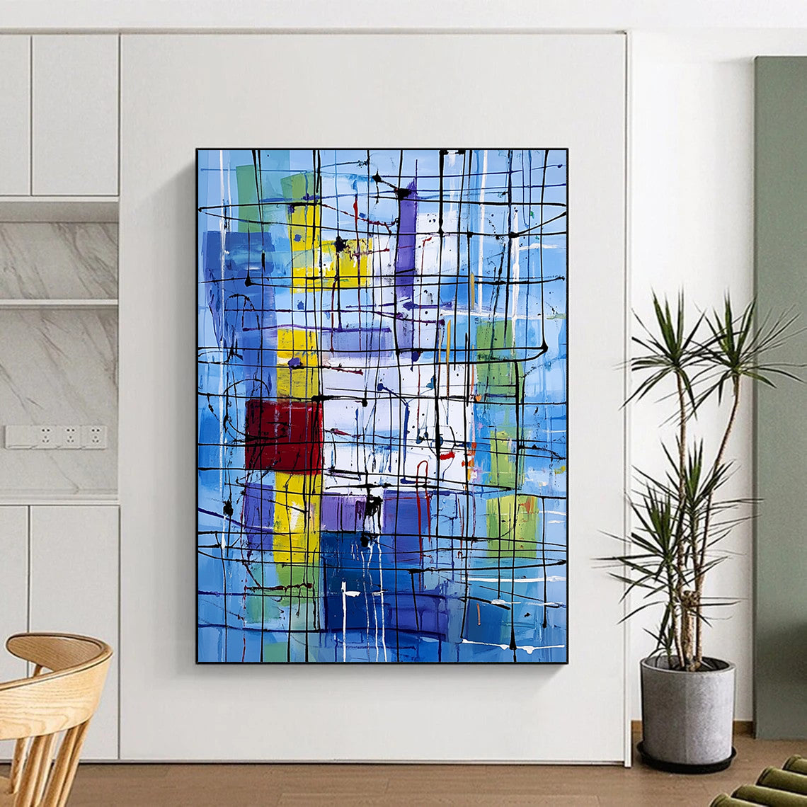 Vibrant contemporary abstract art featuring dynamic lines and shapes with a New York City office backdrop highlighting the complexity of life and emotion. DLZ1236
