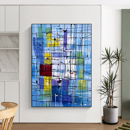 Vibrant contemporary abstract art featuring dynamic lines and shapes with a New York City office backdrop highlighting the complexity of life and emotion. DLZ1236