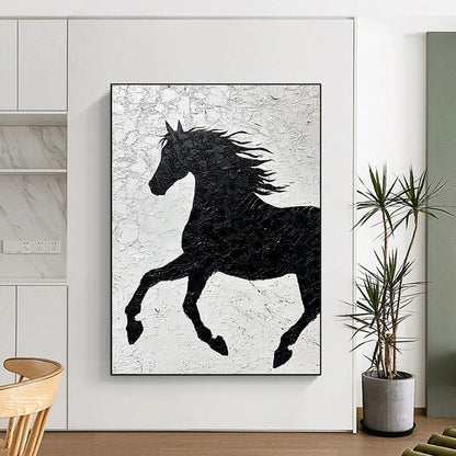 Contemporary abstract painting featuring a textured black horse silhouette on white paper emphasizing strength and freedom through impasto technique and expressive brushstrokes. DLZ1462