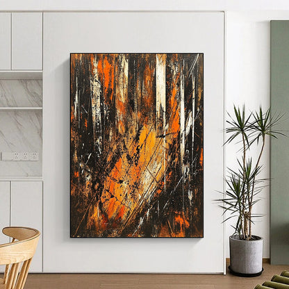 Contemporary hand-painted abstract artwork depicting an energetic forest scene with vibrant brown orange and black tones illuminated by sunlight. DLZ1396