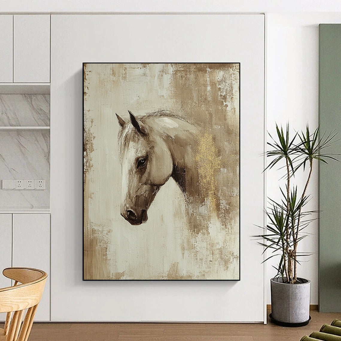 Contemporary abstract oil painting featuring a beige-toned Arabian horse profile with visible brush strokes and gold leaf detail, inspired by Richard Schmid. DLZ0895