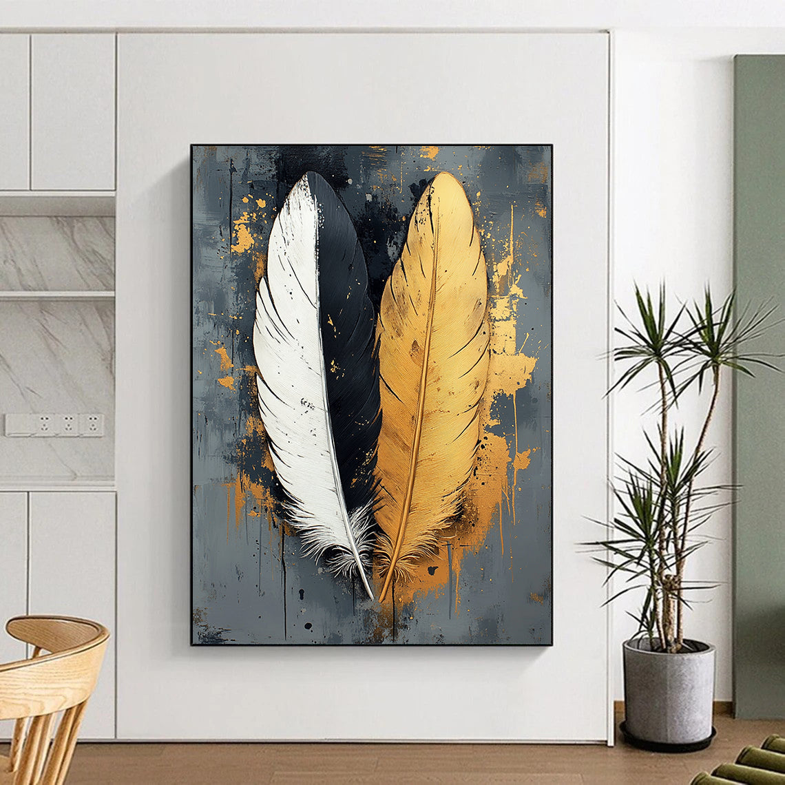 Contemporary abstract art featuring two feathers one white one black with gold accents on a textured grey canvas perfect for modern decor. DLZ1716