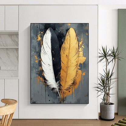Contemporary abstract art featuring two feathers one white one black with gold accents on a textured grey canvas perfect for modern decor. DLZ1716
