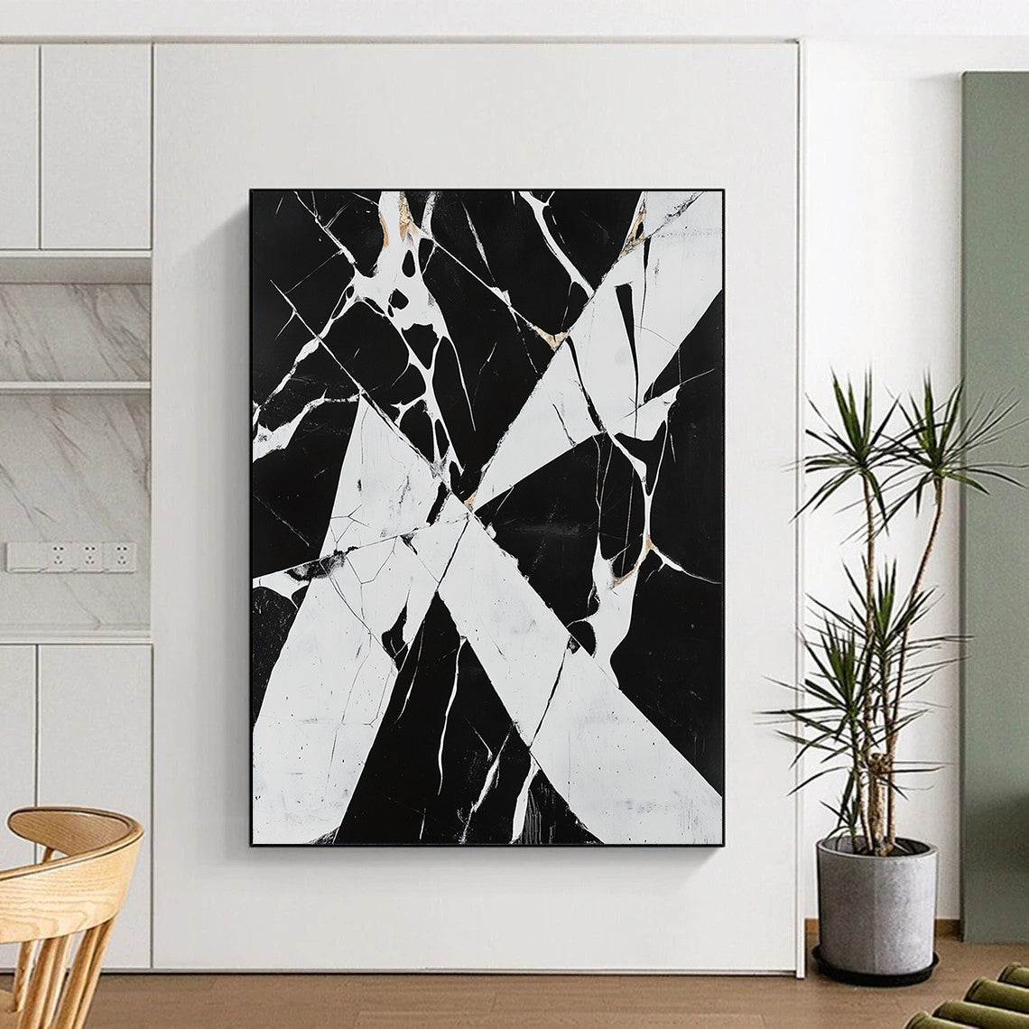 Black, White, Gold with Marbled Cracks "Fractured Elegance" Abstract Painting On Canvas HB017