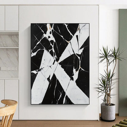 Black, White, Gold with Marbled Cracks "Fractured Elegance" Abstract Painting On Canvas HB017