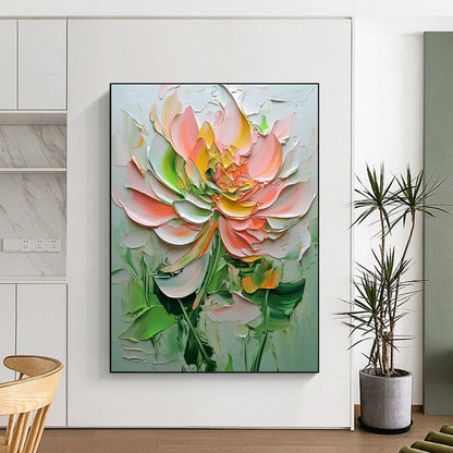 Contemporary abstract painting showcases textured flowers in pink and green hues against a white background, highlighting delicate details and depth. DLZ1667