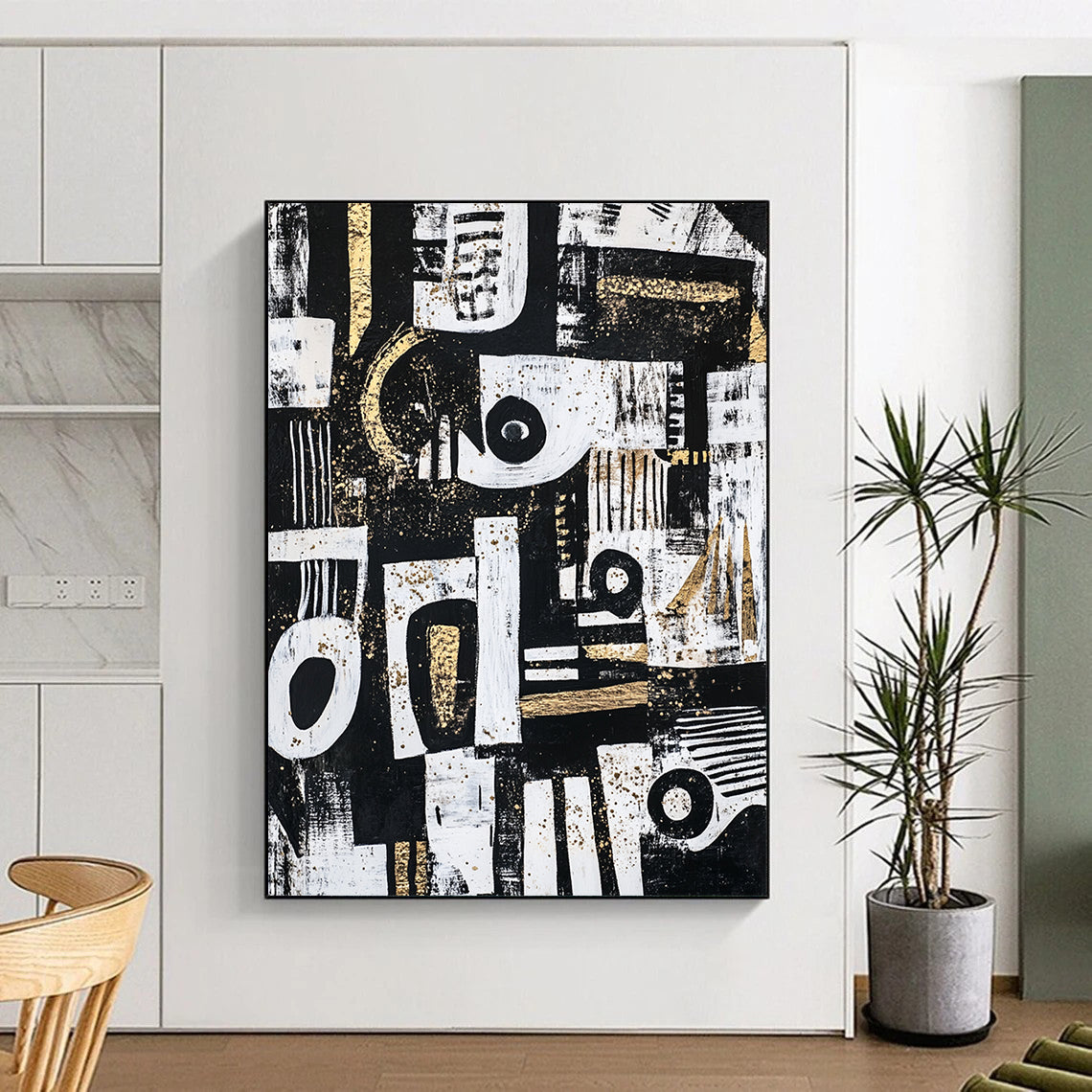 Black, White, Gold and Gray Abstract Symbols "Mystic Symbols" Painting On Canvas HB342