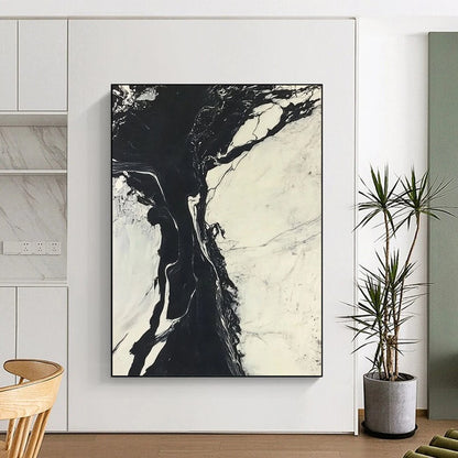 Contemporary abstract art features striking black and white marble ink merging with a cool river amidst snow-covered landscapes creating dynamic contrasts. DLZ1545