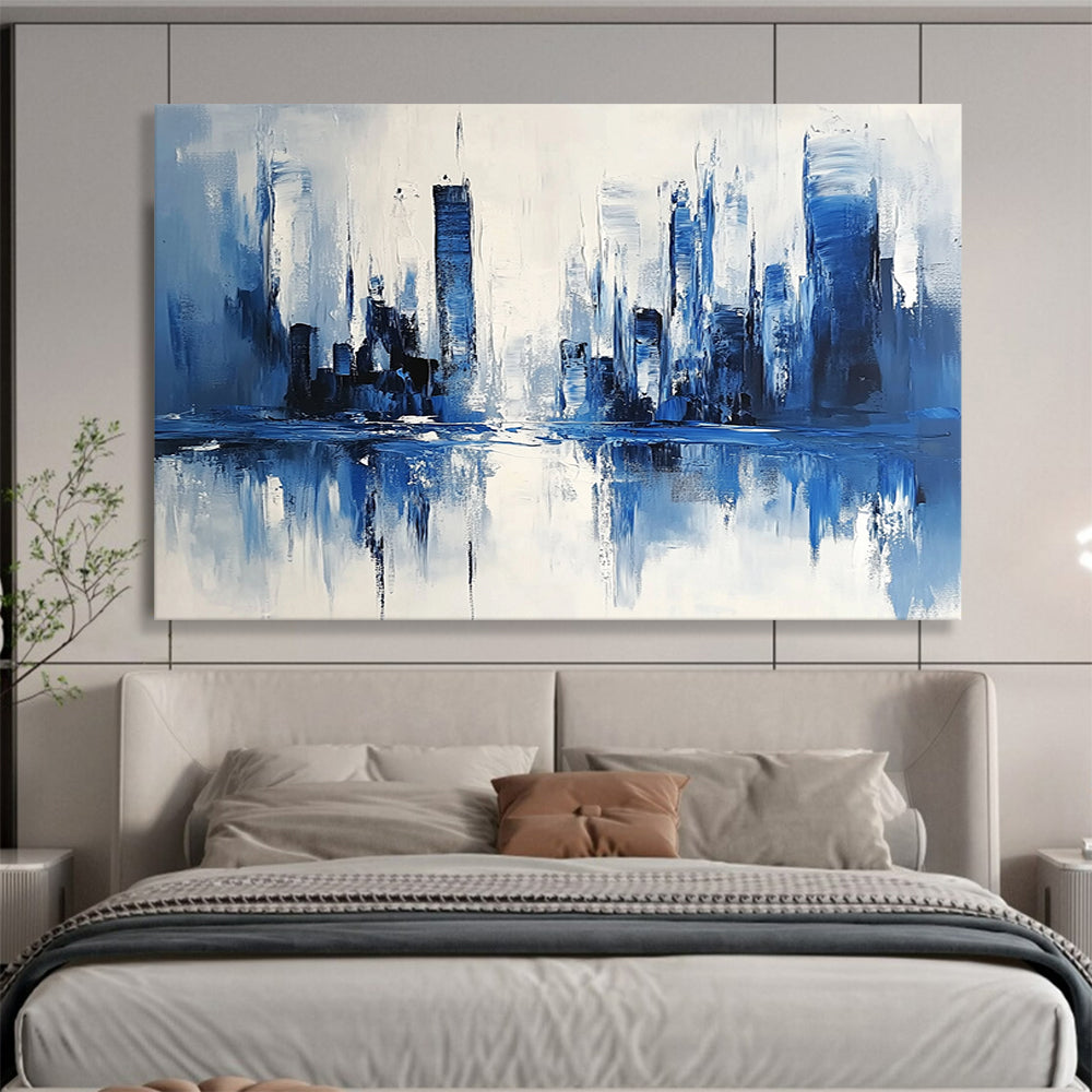 “Blue - White Cityscape Reflection” - Blue, White, Abstract Cityscape with Water Mirroring HB1117
