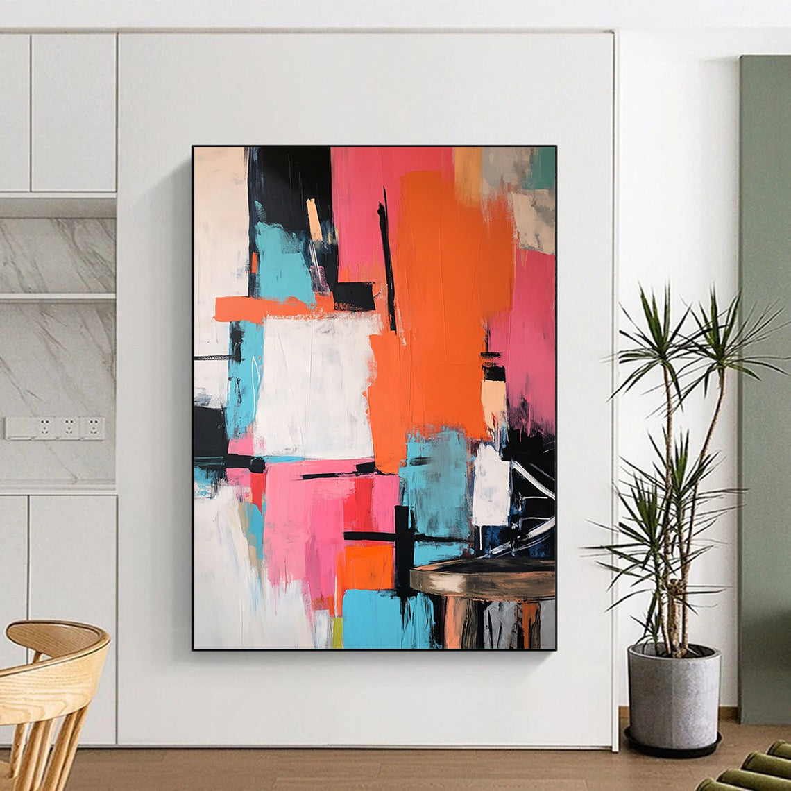Contemporary abstract artwork featuring vibrant pink orange teal with bold black strokes large color blocks and dynamic shapes on a textured canvas. DLZ0903