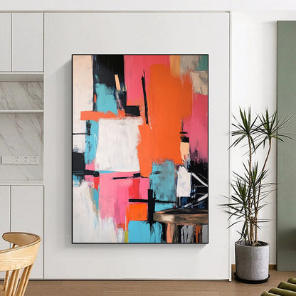 Contemporary abstract artwork featuring vibrant pink orange teal with bold black strokes large color blocks and dynamic shapes on a textured canvas. DLZ0903