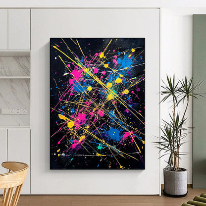 Black, Colorful Splashes, Yellow Lines "Fiesta Explosion" Abstract Painting On Canvas HB029