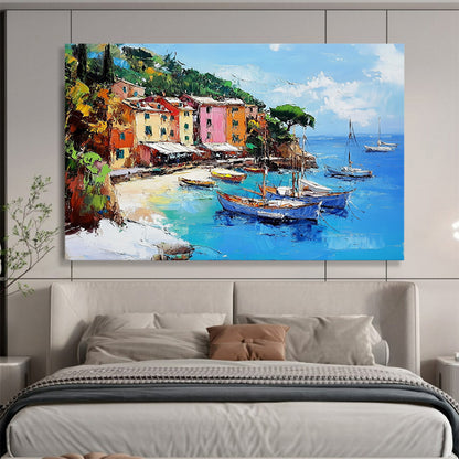“Coastal Village Charm” - Vibrant Colors, Mediterranean Village by the Sea - Impasto Oil Painting HB1746