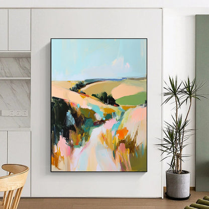 Contemporary abstract landscape painting featuring thick paint application and vibrant muted colors capturing rolling fields and hills under a serene sky. DLZ0455
