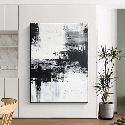 Large contemporary hand-painted abstract artwork featuring a coastal landscape with brush strokes and layers, emphasizing emotional depth in a serene monochromatic palette. DLZ0302