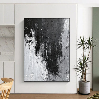 Contemporary hand-painted abstract artwork showcasing intricate gray and black textures with white wall effects and dynamic paint streaks and splashes. DLZ0395
