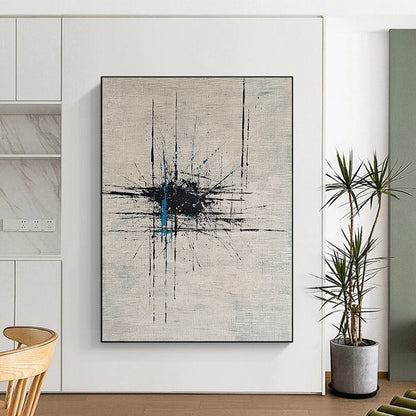 Contemporary hand-painted abstract artwork featuring dynamic lines and dots on white canvas enhanced by bold black ink and vibrant blue highlights. DLZ0883