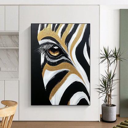 Contemporary abstract painting featuring a close-up of a zebra's eye and forehead stripes in black, white, and gold highlights. DLZ1216