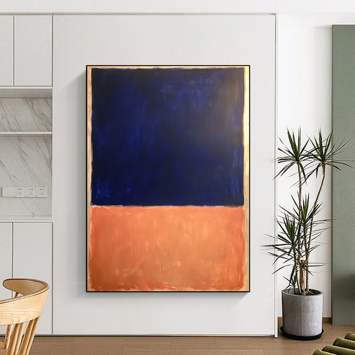 Contemporary hand-painted abstract artwork featuring dark blue and light orange with a significant white space, inspired by Rothko’s bold minimalism. DLZ1362