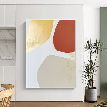 Contemporary abstract art features warm tones with an irregular oval shape, minimalist brushstrokes, and gold leafing on a light gray background. DLZ1518